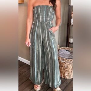 Aerie Green Striped Jumpsuit with Wide-Leg Silhouette